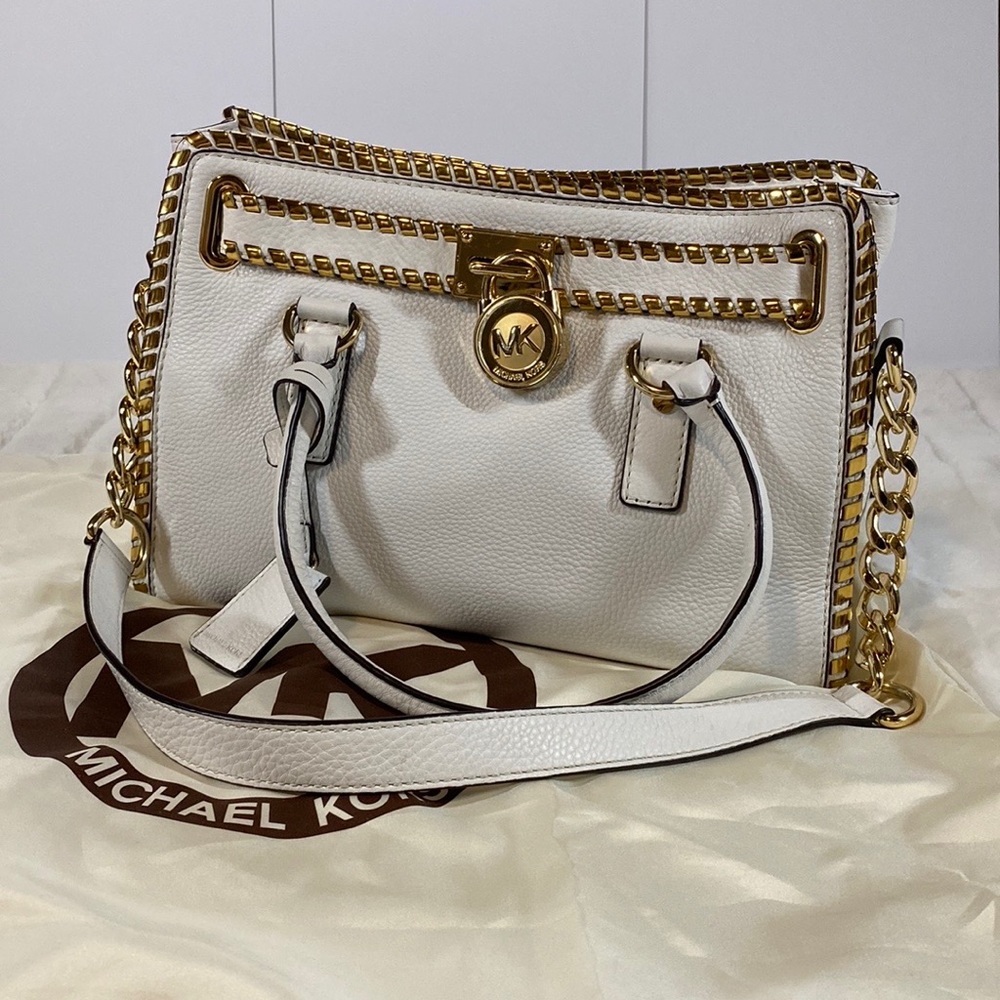 MICHAEL Michael Kors Hamilton Whipstitch-Trim Leather Satchel White Leather Gold